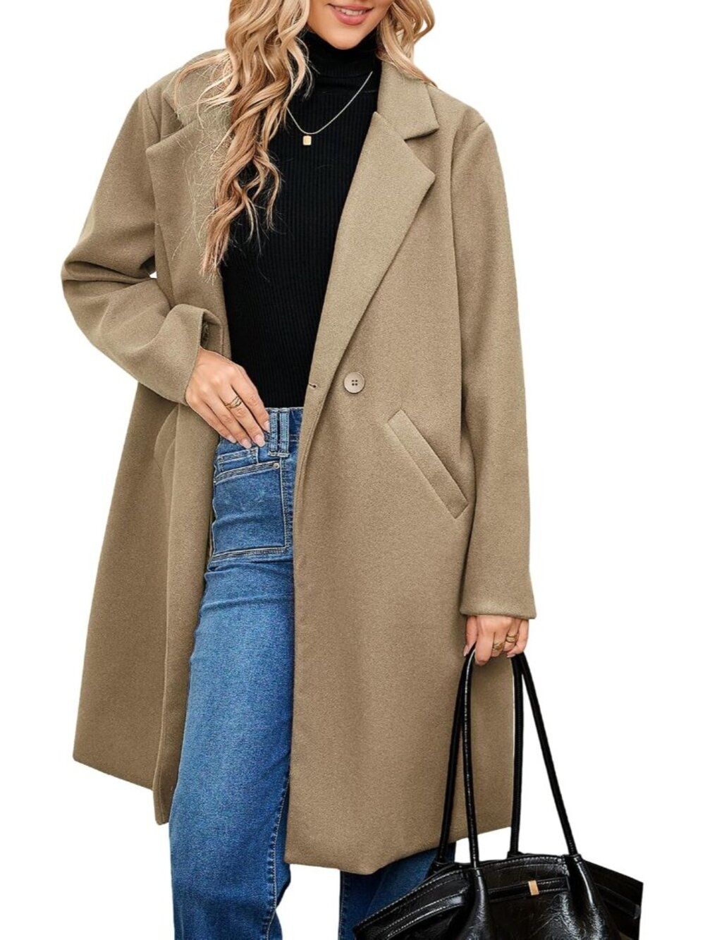 Women's Khaki Notch Lapel Single Breasted Winter Knee Length With Pocket Peacoat